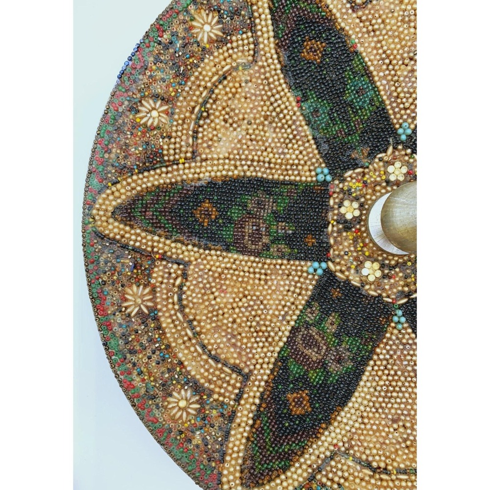 Vintage Beaded Tramp Art Bowl – Jeweled Mosaic, Spindle Handle, 1920s-1950s - Picture 4 of 16